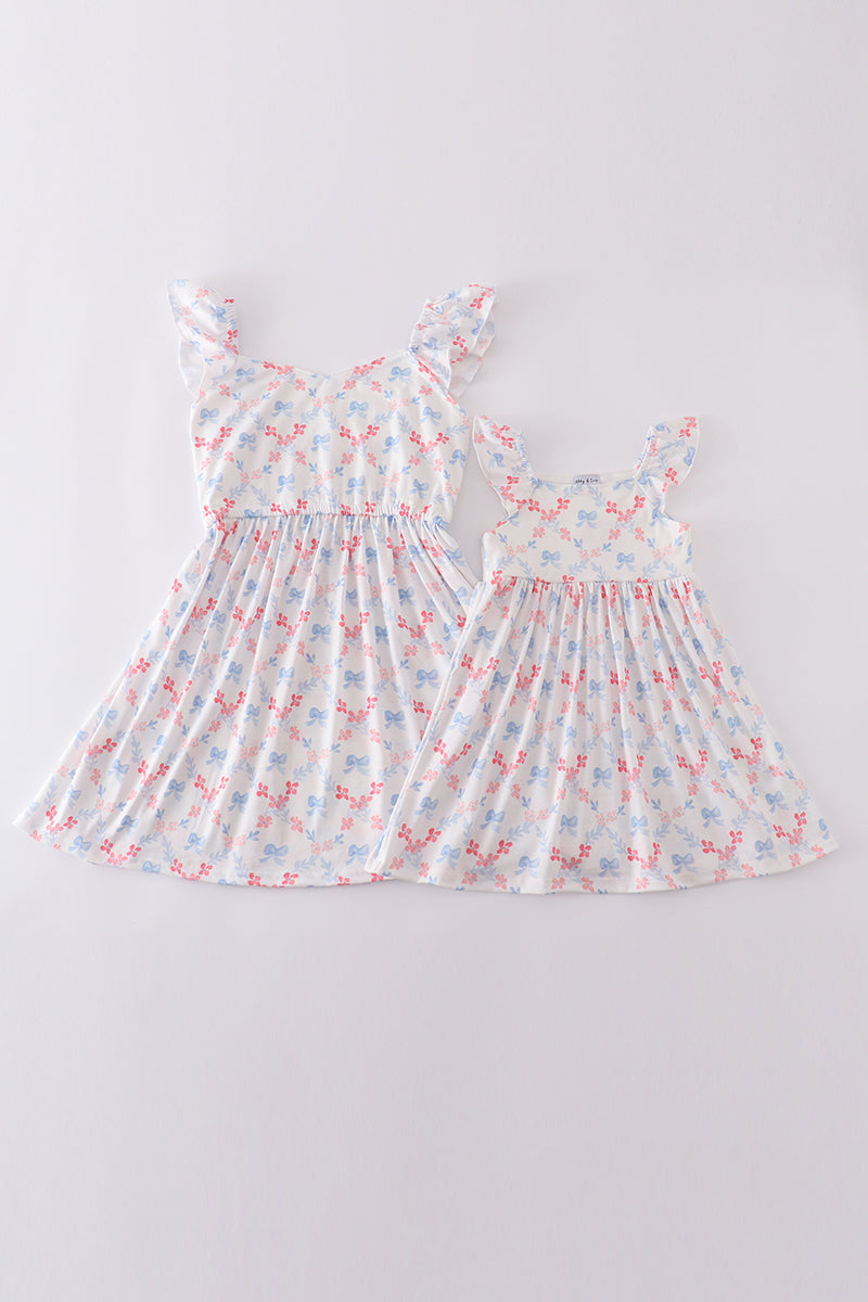 Blue bow lattice print mom&me dress