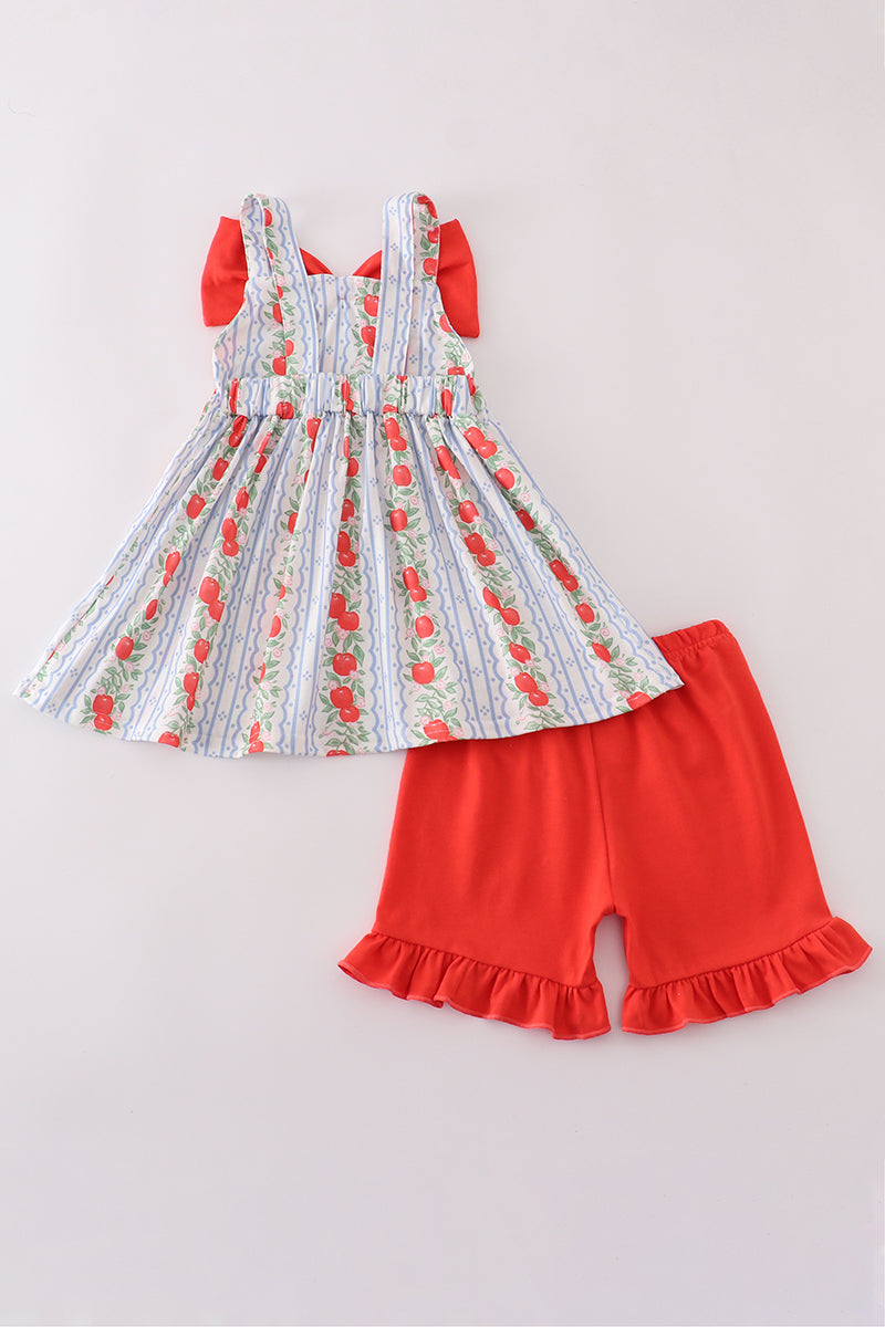 Apple print bow ruffle shorts set