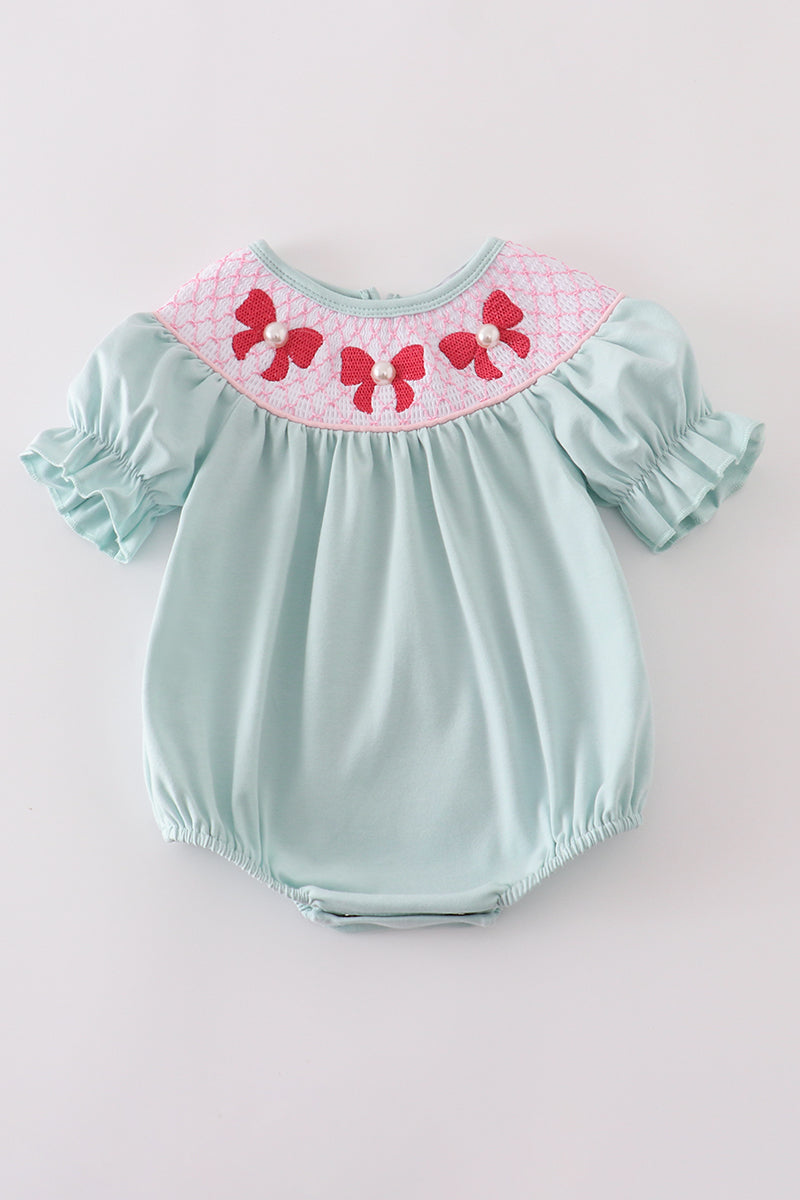 Blue bow pearl smocked bubble
