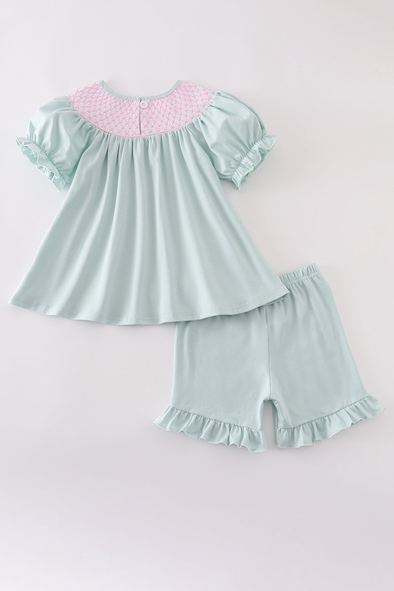 Blue bow pearl smocked ruffle shorts set