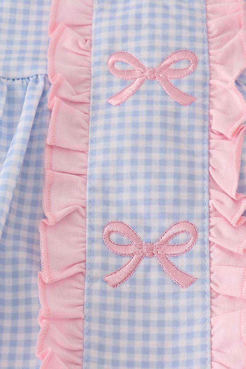 Blue bow embroidery gingham ruffle bloomer set