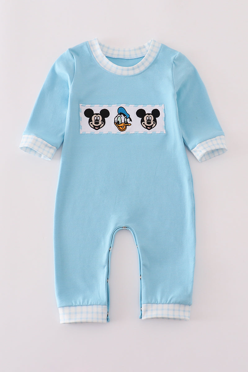 Blue character embroidery romper