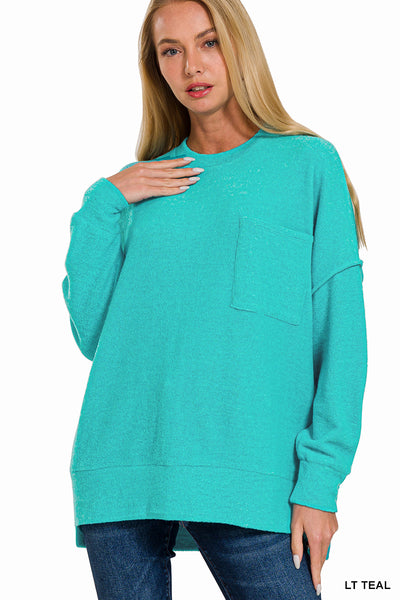BRUSHED MELANGE DROP SHOULDER OVERSIZED SWEATER- LT TEAL