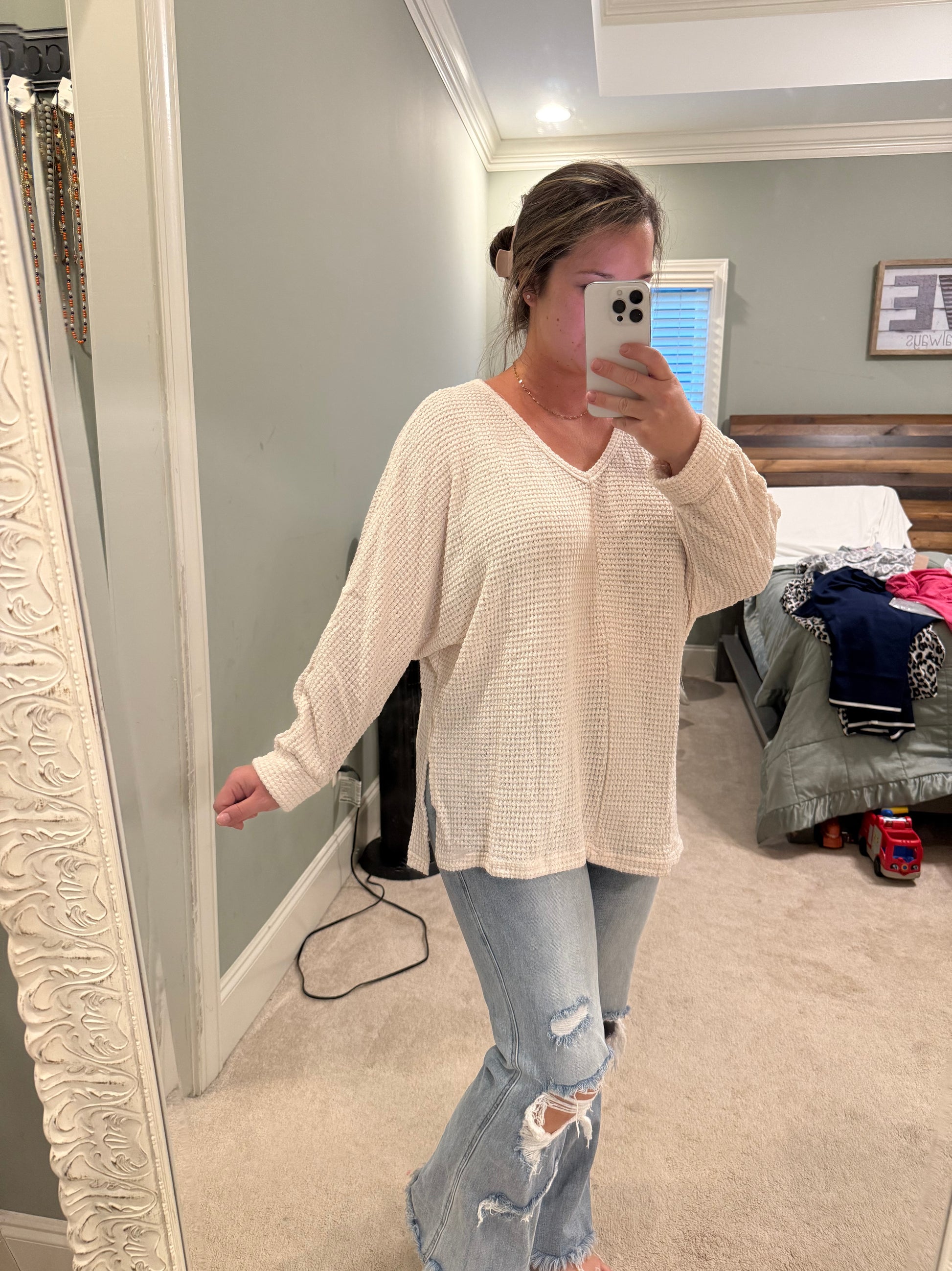 Black Oversized Waffle Top- IN STOCK