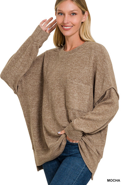 BRUSHED MELANGE DROP SHOULDER OVERSIZED SWEATER- MOCHA