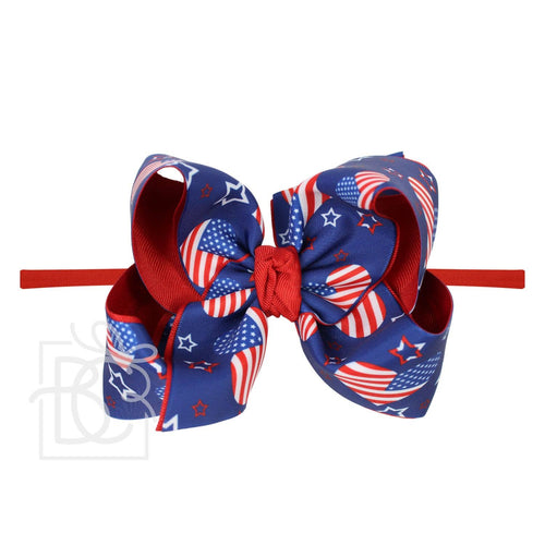 1/4" PANTYHOSE HEADBAND W/ LAYERED PATRIOTIC HEART PRINT BOW: 4.5" Large