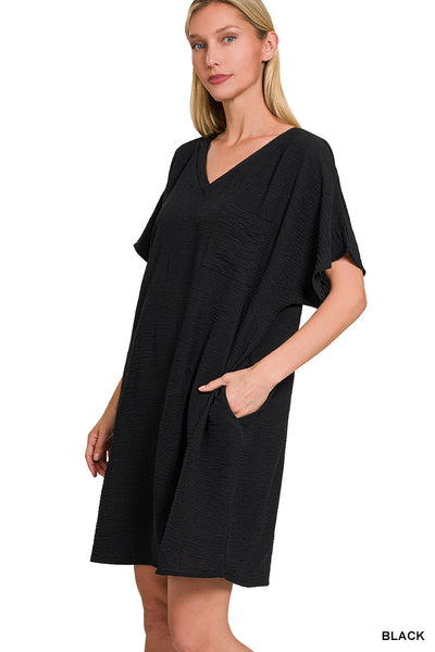 Black Woven Airflow V Neck Dress