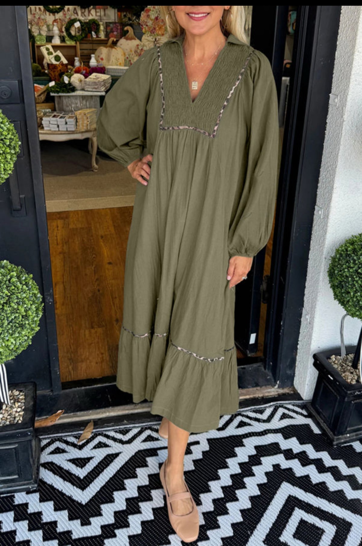 Olive Leopard Trim Dress