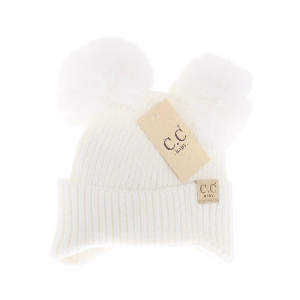 BABY Ear Flap Double Pom C.C Beanie: Ivory