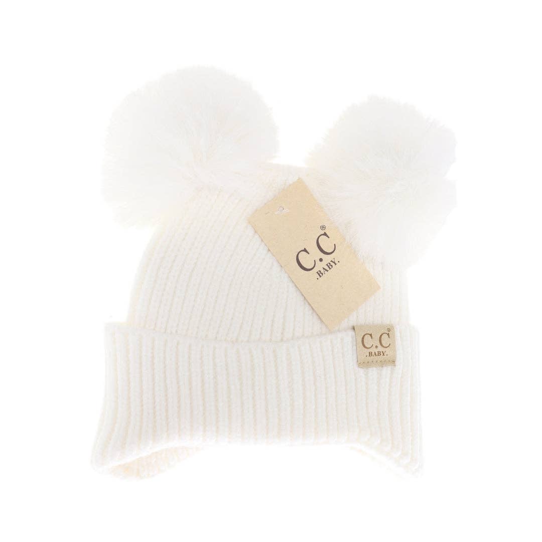 BABY Ear Flap Double Pom C.C Beanie: Ivory