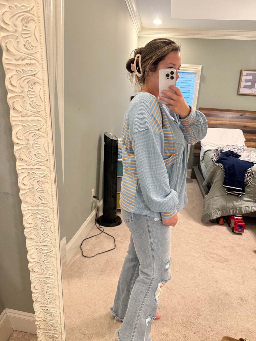 Blue and Peach Striped Pocket Top