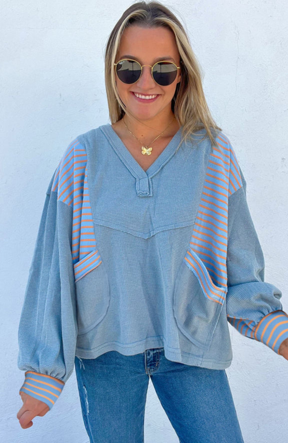 Blue and Peach Striped Pocket Top