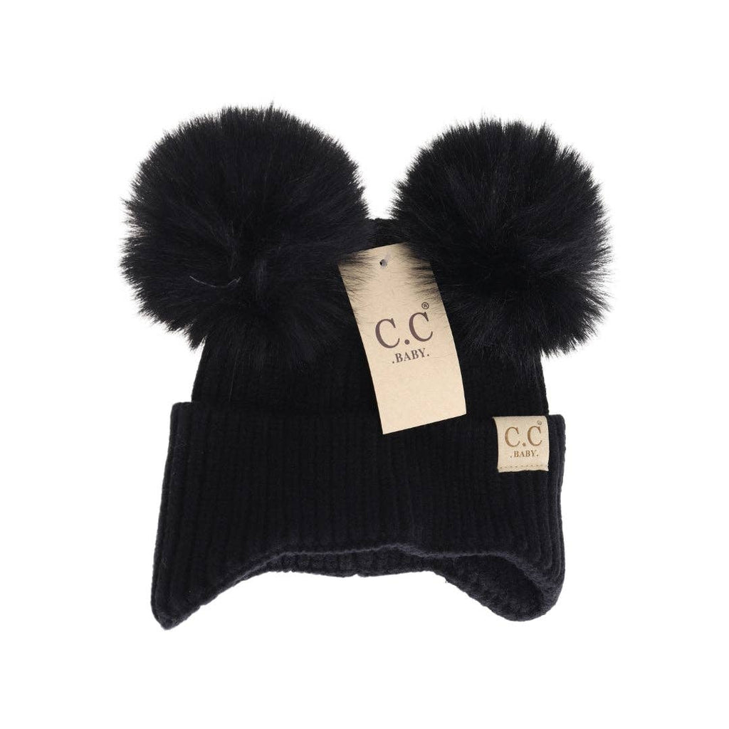 BABY Ear Flap Double Pom C.C Beanie: Ivory