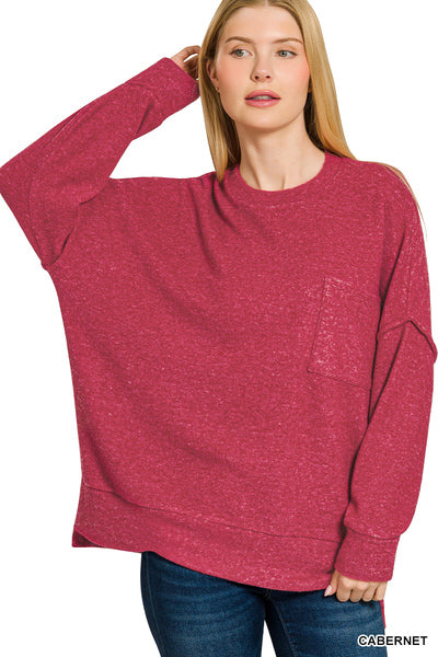 BRUSHED MELANGE DROP SHOULDER OVERSIZED SWEATER- CABERNET