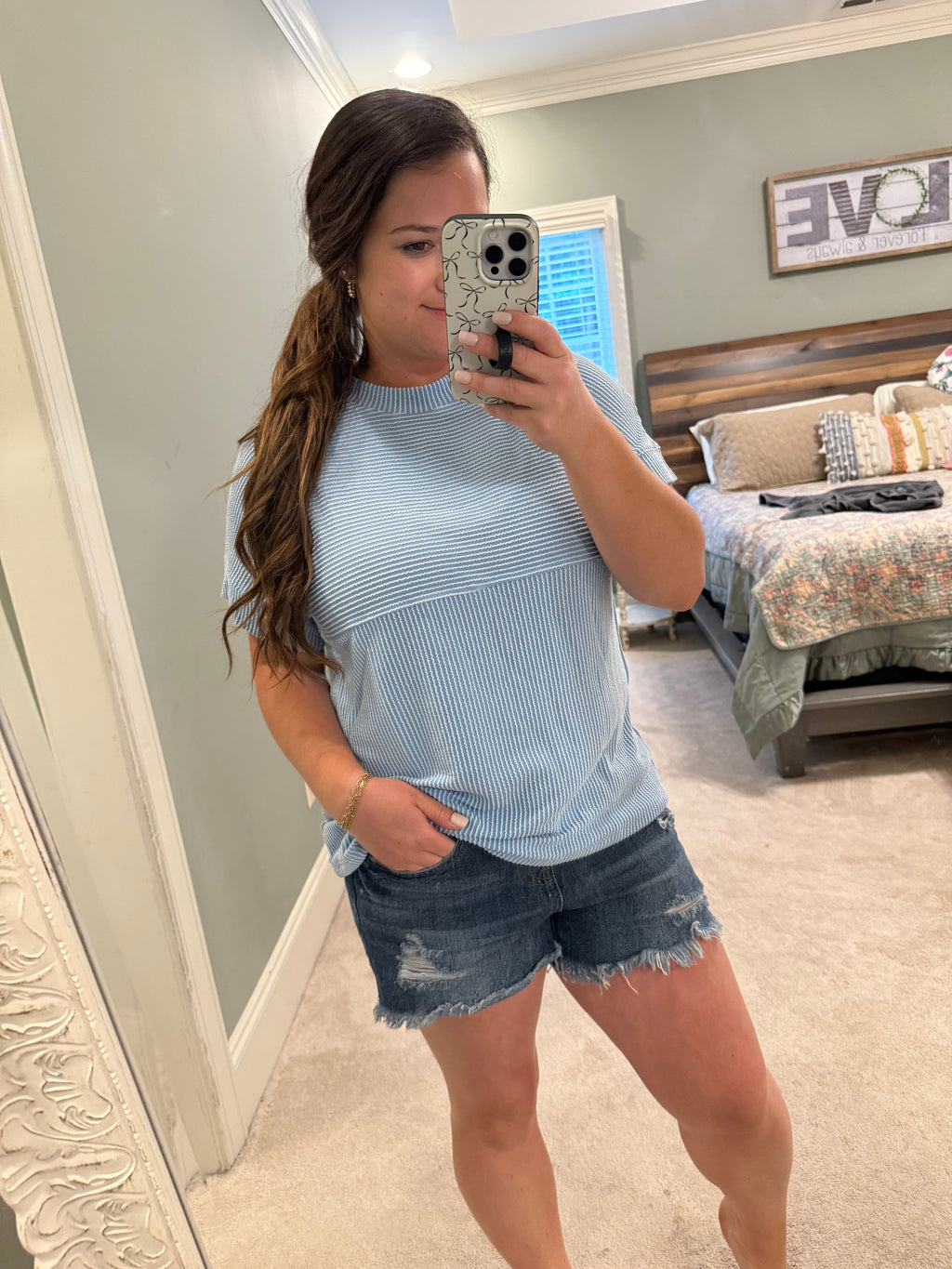 Blue Corded Short Sleeve Top