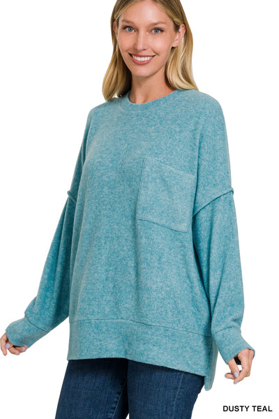 BRUSHED MELANGE DROP SHOULDER OVERSIZED SWEATER- DUSTY TEAL