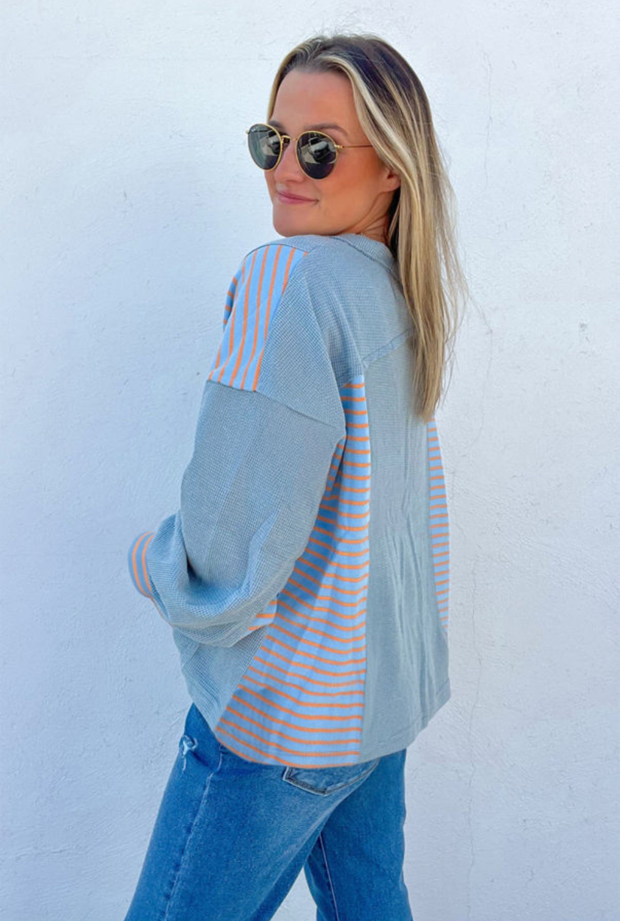 Blue and Peach Striped Pocket Top