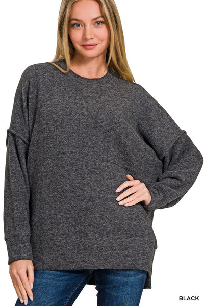 BRUSHED MELANGE DROP SHOULDER OVERSIZED SWEATER- BLACK