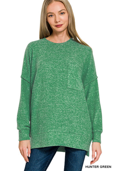 BRUSHED MELANGE DROP SHOULDER OVERSIZED SWEATER- HUNTER GREEN