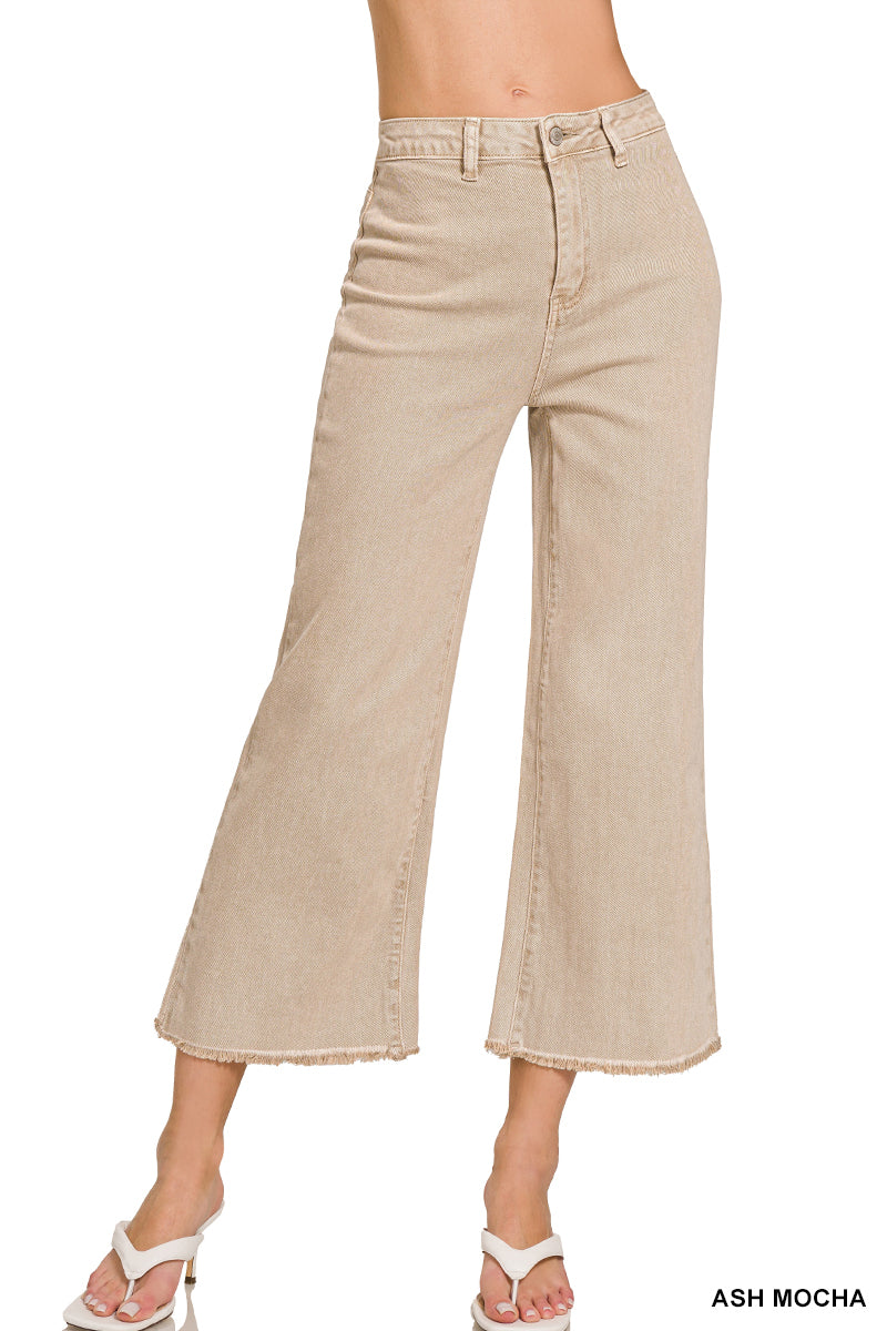 ACID WASHED HIGH WAIST FRAYED HEM STRAIGHT PANTS- ASH MOCHA