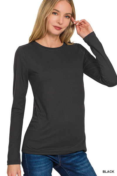 BRUSHED MICROFIBER LONG SLEEVE ROUND NECK TEE- BLACK