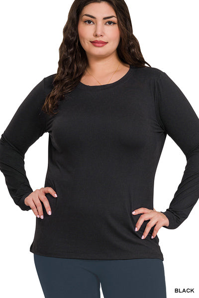 BRUSHED MICROFIBER LONG SLEEVE ROUND NECK TEE- BLACK