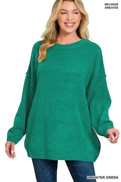OVERSIZED ROUND NECK RAW SEAM MELANGE SWEATER- GREEN