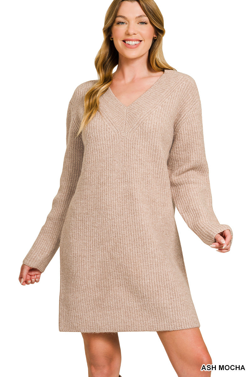 V NECK SWEATER DRESS- MOCHA