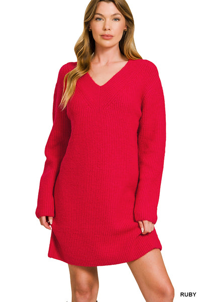 V NECK SWEATER DRESS- RED