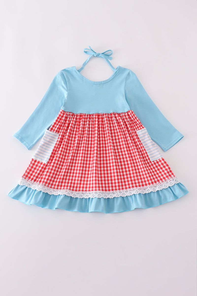 Blue deer tree santa embroidery ruffle dress