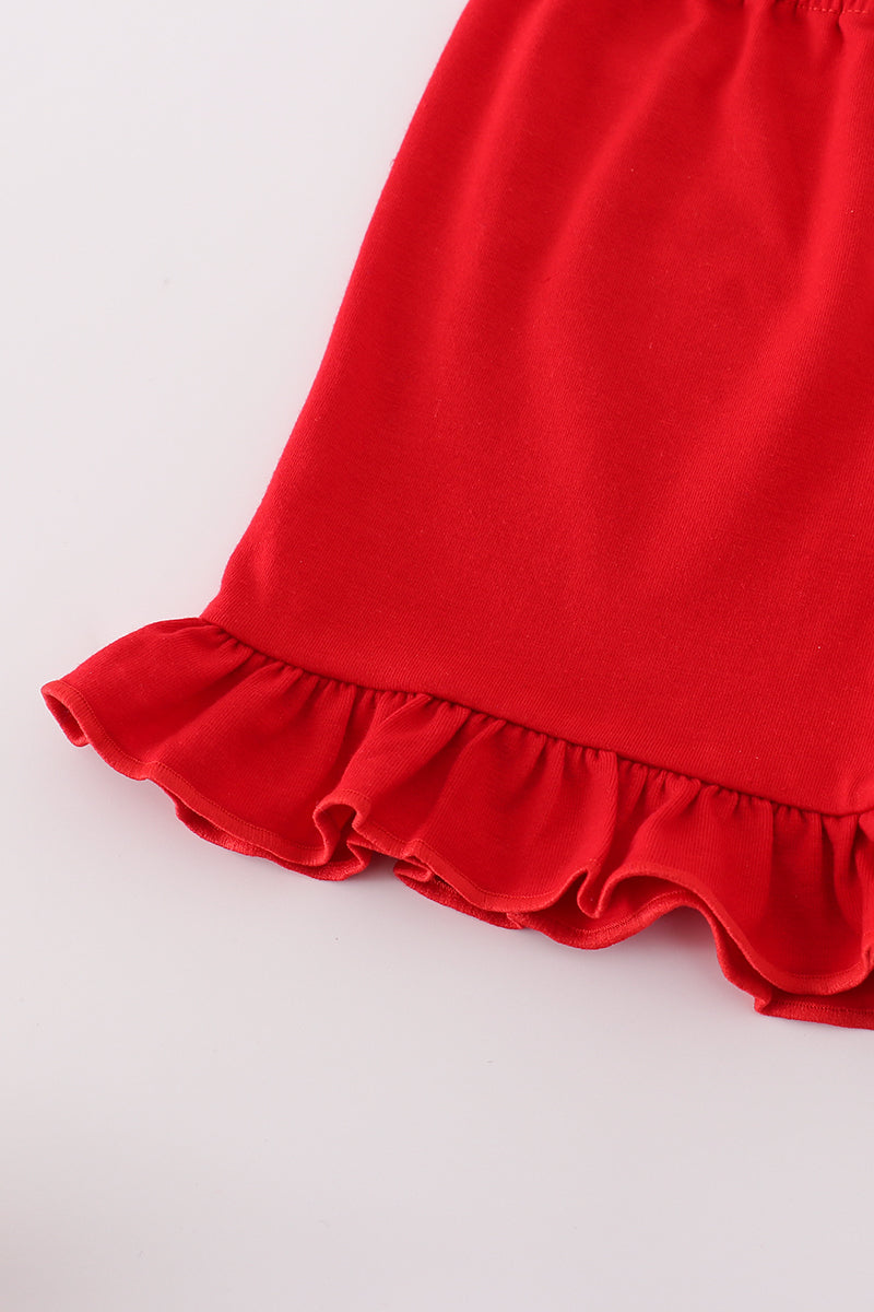 Apple embroidery bow ruffle shorts set