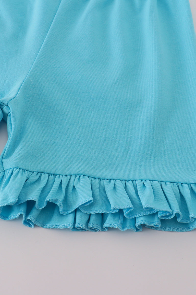 Blue character embroidery bow ruffle shorts set