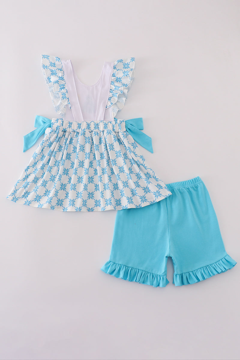 Blue character embroidery bow ruffle shorts set