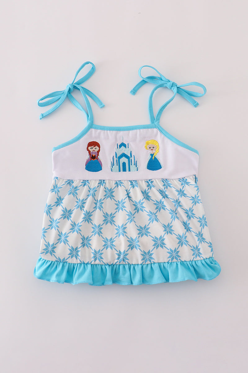 Blue character embroidery ruffle tiered dress