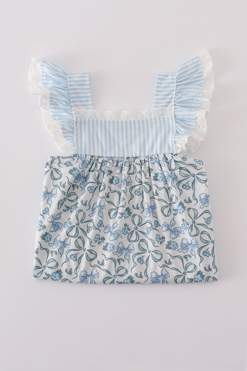Blue bow & lace print ruffle pants set