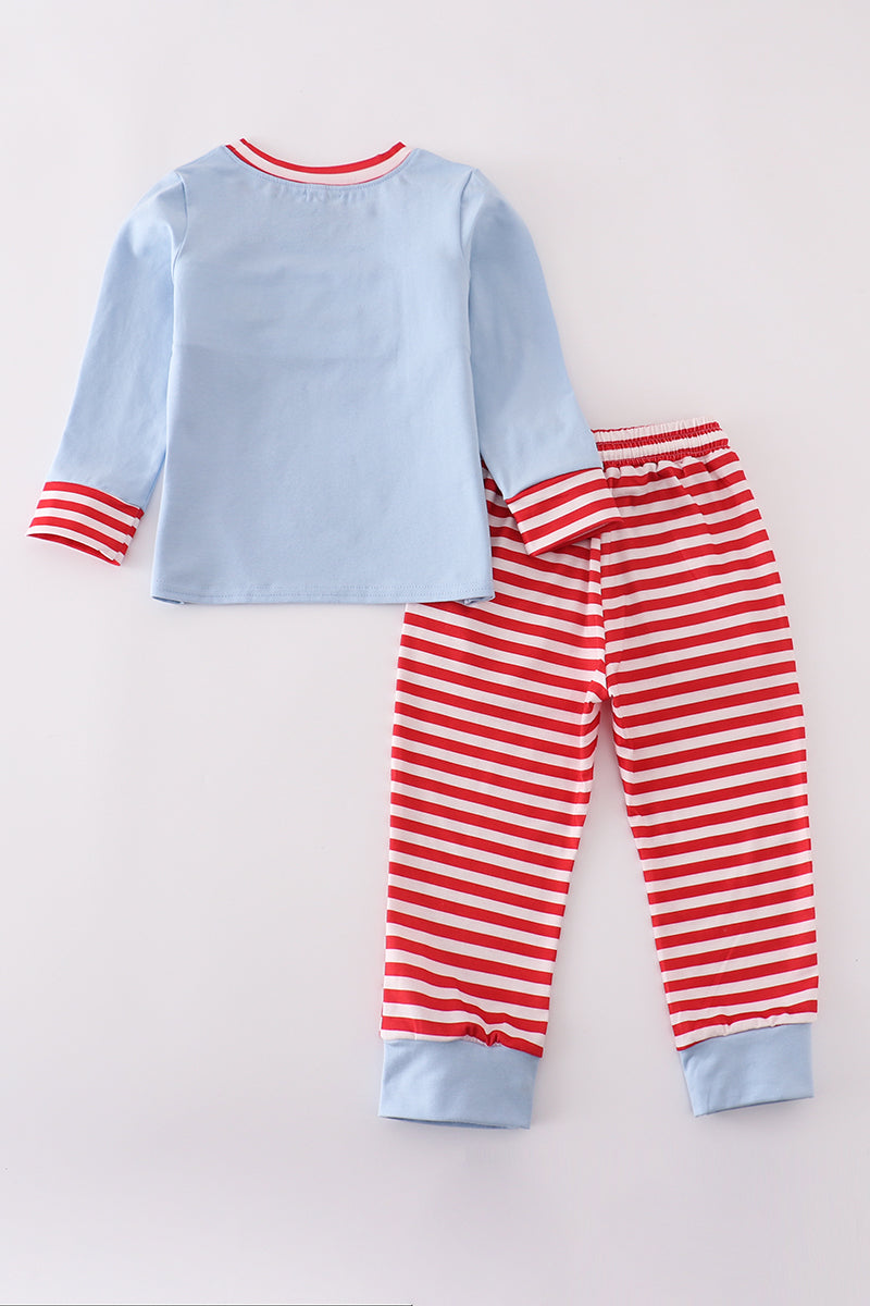 Blue airplane embroidery stripe pants set