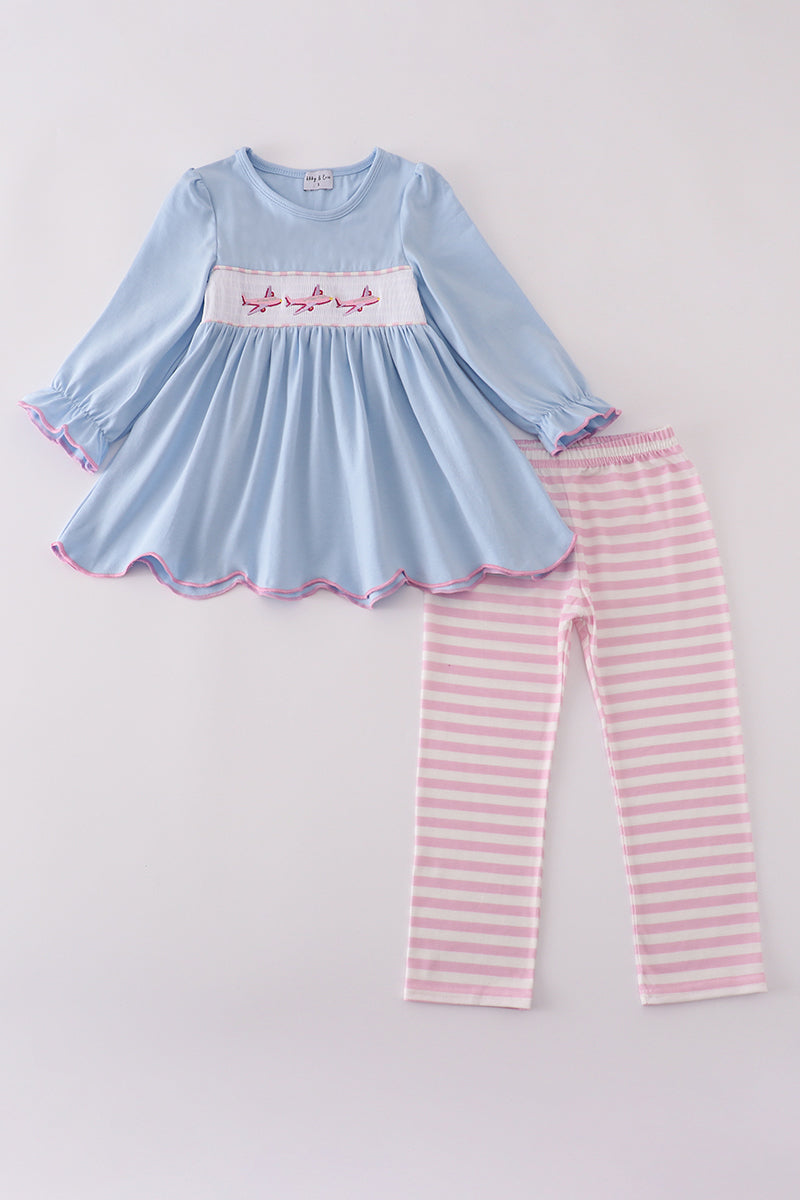 Blue airplane embroidery stripe ruffle pants set