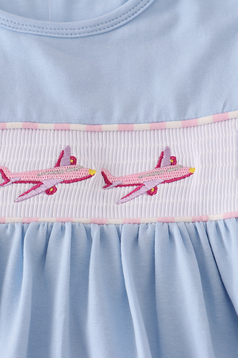 Blue airplane embroidery stripe ruffle pants set