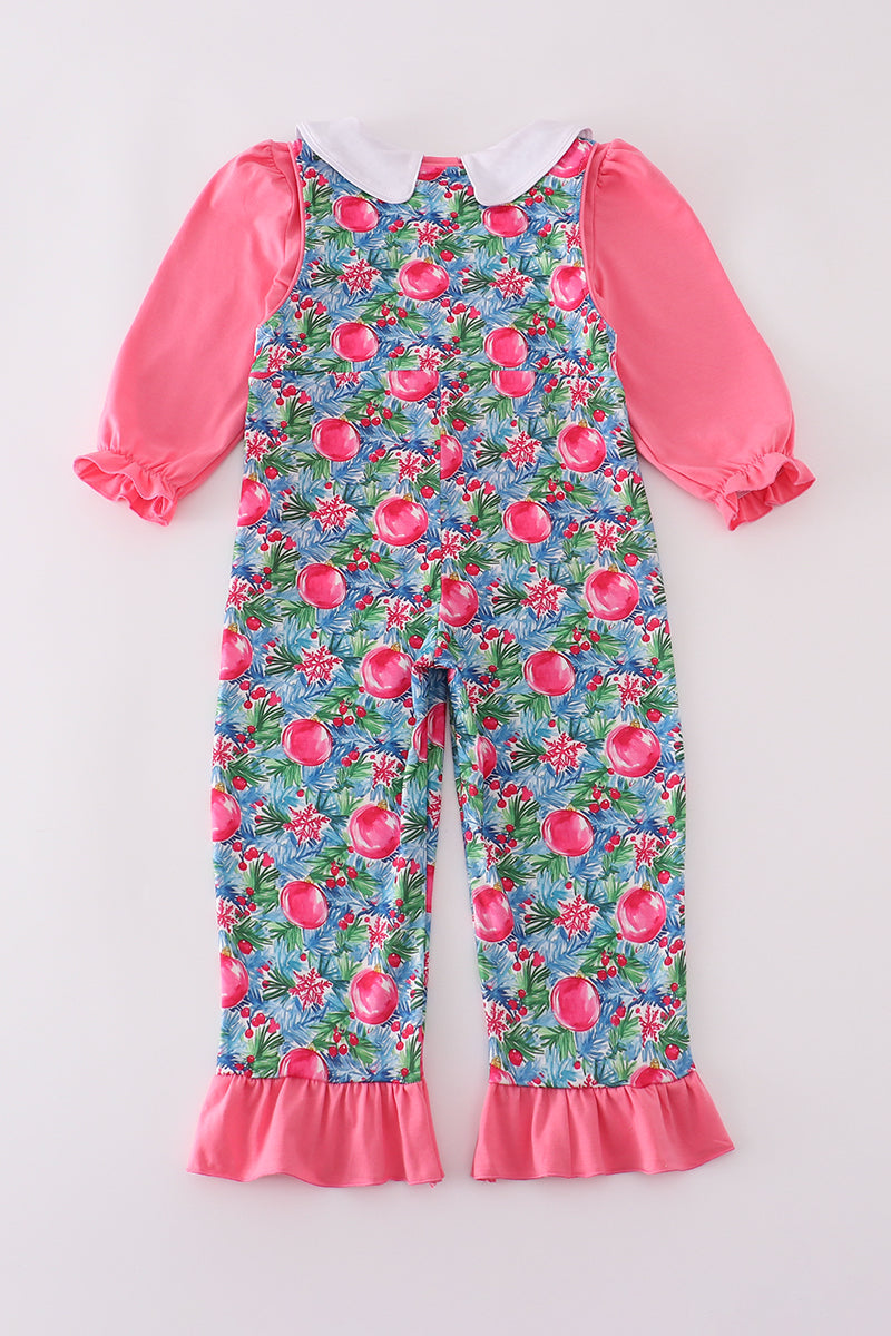 Blue christmas tree smocked ruffle jumpsuit set