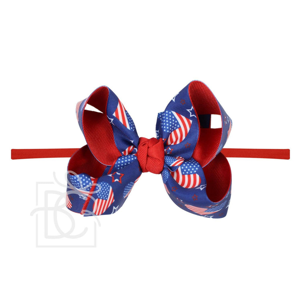 1/4" PANTYHOSE HEADBAND W/ LAYERED PATRIOTIC HEART PRINT BOW: 4.5" Large