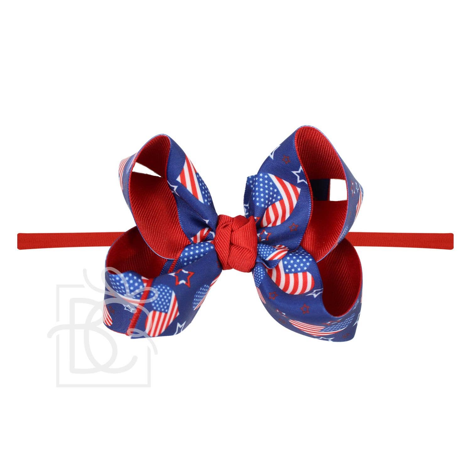 1/4" PANTYHOSE HEADBAND W/ LAYERED PATRIOTIC HEART PRINT BOW: 4.5" Large